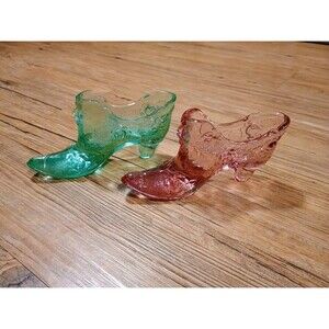 Fenton Cabbage Rose Cranberry & Emerald 6” Glass Show/Slipper Set Of 2
